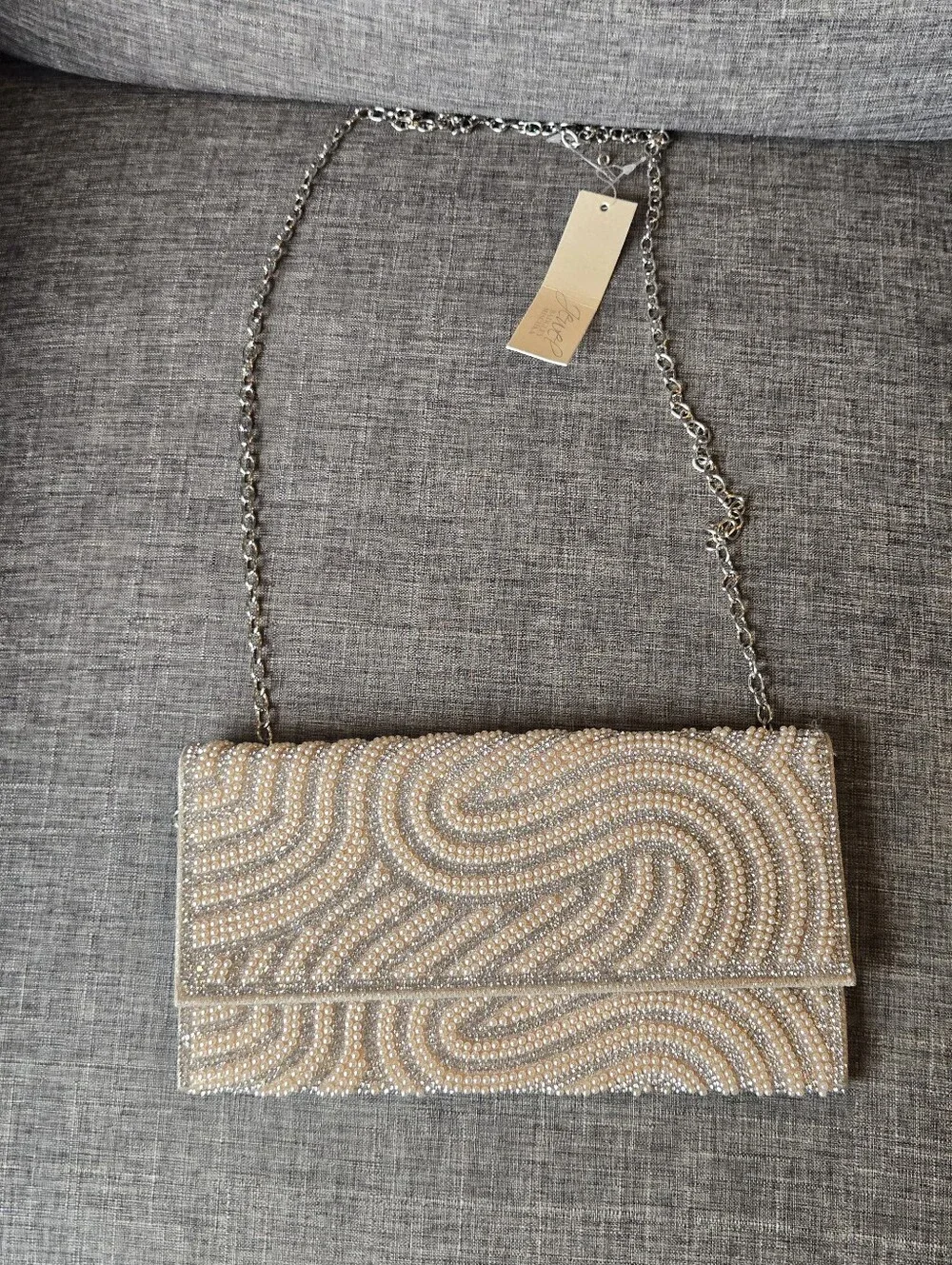 Badgley Mischa Jewel Elegant Gold Champagne Beaded Clutch With Silver Chain NWT